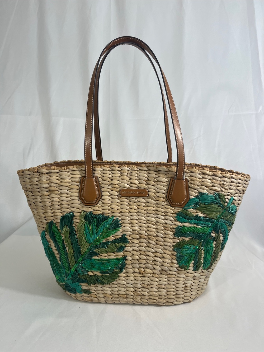 Michael Kors Malibu Straw Large Tote Purse, Palm Embroidery Straw/Leather